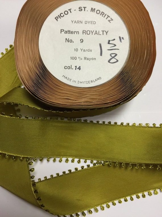 10 Yards of Vintage Ribbon pretty Green Moss with a Picot Edge, Width - 1 5/8 inch,100% Rayon Made in Switzerland.
