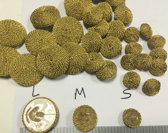 12 Gold Metallic Passementerie Buttons.Fabric Fasteners,Gold Fabric Buttons. Gold Passementerie Buttons