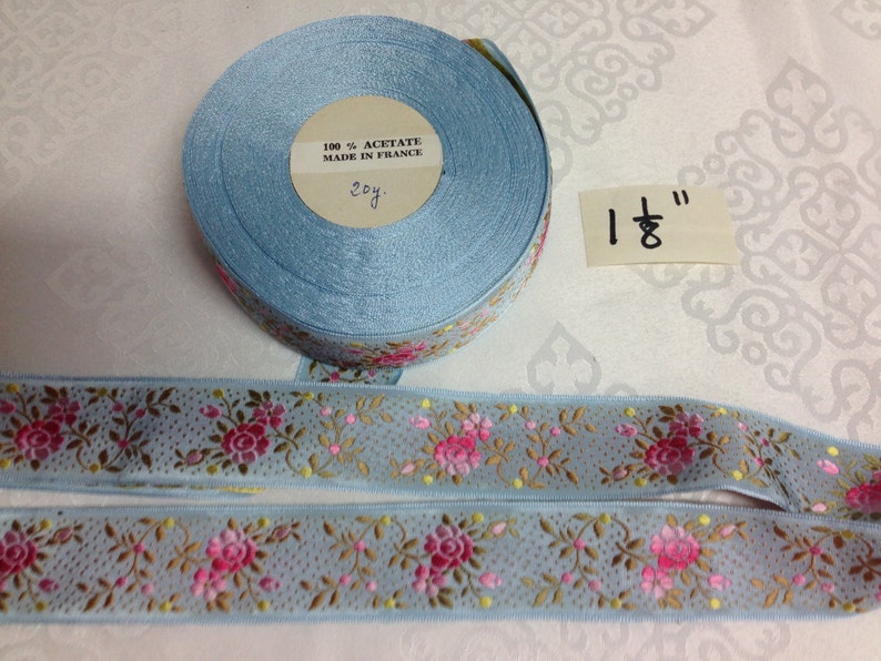 Vintage Jacquard Floral Ribbon Collection. Sold by the yard. Acetate, Made in France, 1 1/8 Wide. image 3