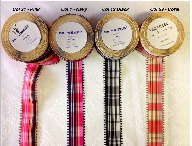 Vintage Plaid Taffeta Ribbon, Rayon, Made in France, 1 5/8 Wide. Sold by the roll. Rayon image 2