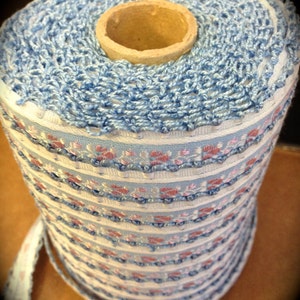 May include: A roll of blue and white patterned trim with a pink accent. The trim is wound around a cardboard tube.