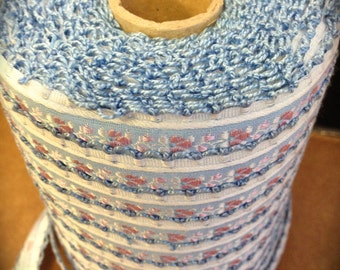 Vintage French Jacquard Ribbon, Trim with embroidered florals and scalloped  loop edging. Wide 3/4. Sold by the yard
