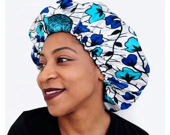 Adjustable Blue African Wax Satin Bonnet – Satin Lined Hair Bonnet – Protective Sleep Cap