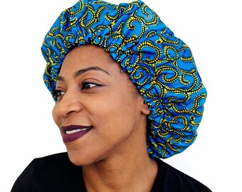 Adjustable Blue African Wax Satin Bonnet – Satin Lined Hair Bonnet – Protective Sleep Cap