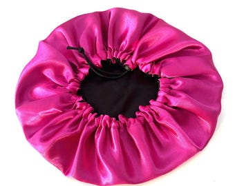 Reversible Satin Bonnet Pink & Black – Adjustable Night Hair Protection for Afro, locs and Curly Hair
