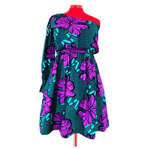 Elegant Ankara Cocktail Dress with Off-Shoulder Neckline and Flared Hemline