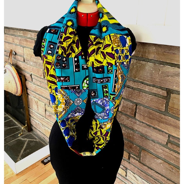 Foulard Infini Patchwork En tissus africain, Wax, Hommes et femmes, unisex, mix de tissus. Piece Unique.