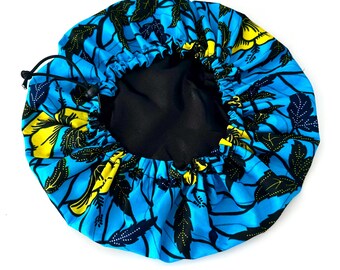 Adjustable African Wax Satin Bonnet – Red Print Hair Bonnet – Satin Lined Sleep Bonnet for Natural Hair