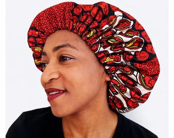 Adjustable African Wax Satin Bonnet – Red Print Hair Bonnet – Satin Lined Sleep Bonnet for Natural Hair