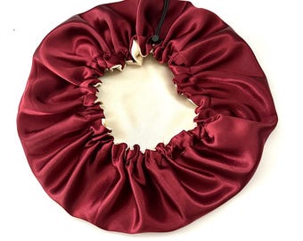 Reversible Burgundy and cream Satin Bonnet – Adjustable Night Hair Protection for Afro Hair – Elegant Hair Accessory