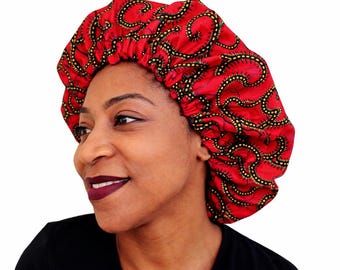 Adjustable Blue African Wax Satin Bonnet – Satin Lined Hair Bonnet – Protective Sleep Cap