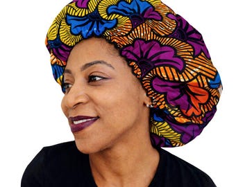 Adjustable African Wax Satin Bonnet – Red Print Hair Bonnet – Satin Lined Sleep Bonnet for Natural Hair