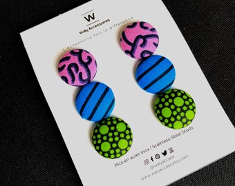 Three (3) African fabric covered button earrings made with hypoallergenic stainless steel pics