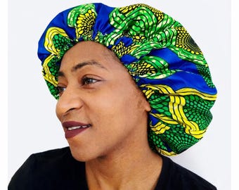 Adjustable Blue African Wax Satin Bonnet – Satin Lined Hair Bonnet – Protective Sleep Cap