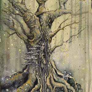 Impression d'art, 16 x 20 pouces, esprit de la forêt, fée, arbre, déesse, païen, champignons, aquarelle, plume et encre
