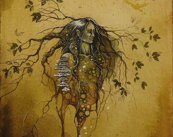 Green Witch Illustration, Watercolor, Pen and Ink, Powdered Charcoal, Earth Goddess, Fantasy, Pagan, Fairytale, Nature, Roots, Original Art