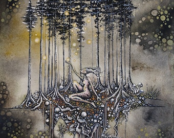 Fantasy Illustration, Watercolor, Pen and Ink, Faun, Pine Trees, Female Figure, Nature, Pagan, Handmade, OOak, Traditional Art, Fairy