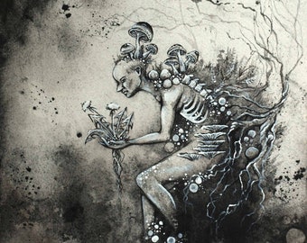 Nature Spirit, Original Illustration, Fantasy, Powdered Charcoal, Dandelions, Mushrooms, Flowers, Fungus, Witchy Art, Female Figure, Bones