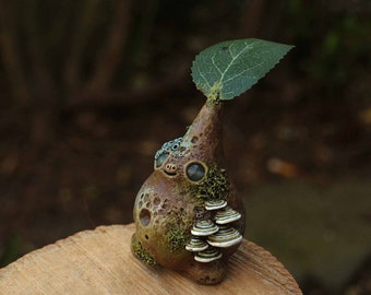 Leaf Spirit, Polymer Clay, Fantasy Sculpture, Mushrooms, Sprite, Faerie, Troll, Green, Brown, Blue, Moss, Leaves, Lichen, Figurine, Handmade