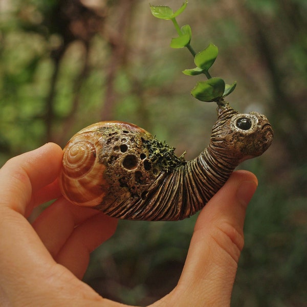 Polymer Clay, Fantasy Creature, Shell, Sprite, Fairy, Miniature, Nature Spirit, Earthy, Green, Brown, Figurine, Handmade, OOAK