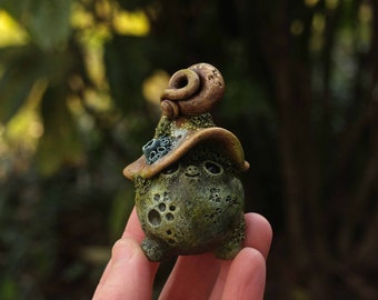 Nature Spirit, Polymer Clay, Witch Hat, Fantasy Creature, Faerie, Sprite, Green, Blue, Brown, Moss, Lichen, Figurine, Whimsical, Handmade