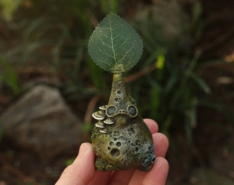 Leaf Spirit, Polymer Clay, Fantasy Sculpture, Mushrooms, Sprite, Faerie, Troll, Green, Brown, Blue, Moss, Leaves, Lichen, Figurine, Handmade