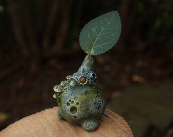 Leaf Spirit, Polymer Clay, Fantasy Sculpture, Mushrooms, Sprite, Faerie, Troll, Green, Brown, Blue, Moss, Leaves, Lichen, Figurine, Handmade