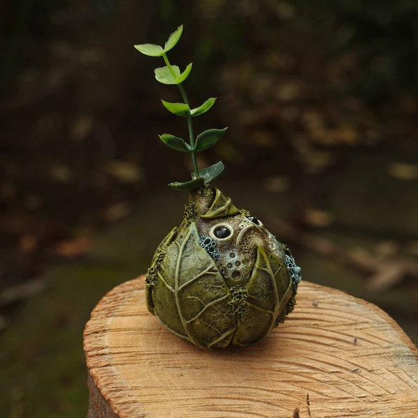 Leaf Spirit, Polymer Clay, Fantasy Sculpture, Sprite, Faerie, Troll, Green, Brown, Blue, Moss, Leaves, Lichen, Figurine, Whimsical, Handmade