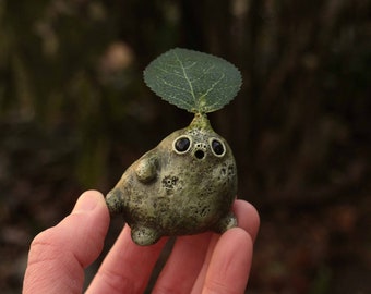 Fantasy Creature, Mandrake, Polymer Clay, Sprout, Troll, Fairy, Magical, Green, Yellow, Moss, Leaf, Figurine, Whimsical, Forest Spirit