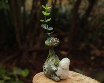 Mandrake Sculpture, Polymer Clay, Quartz, Tiger's Eye, Fantasy, Troll, Sprite, Nature Spirit, Blue, Green, White, Cute Creature, Figurine