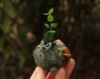 Cat Sculpture, Snail Shell, Polymer Clay, Brown, Green, Fantasy Art, Animal, Kitten, Fairytale, Cute Creature, Moss, Whimsical, Handmade