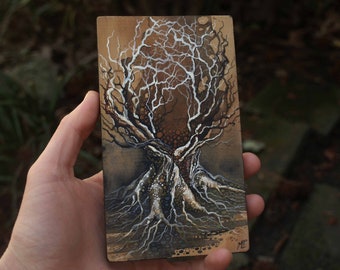 Tree Illustration, Watercolor, Wood Block, Fantasy, Surreal, Nature, Roots, Witchy, Earthy, Woodlad, Pagan, Miniature Art, Blue, Brown