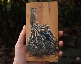 Tree Illustration, Watercolor, Wood Block, Fantasy, Surreal, Nature, Roots, Earthy, Woodlad, Pagan, Miniature Art, Green, Brown