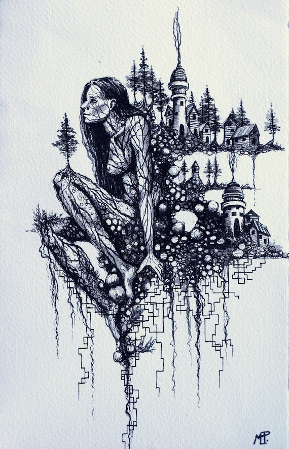Pen and Ink Drawing Fantasy Illustration Fairy Goddess Etsy