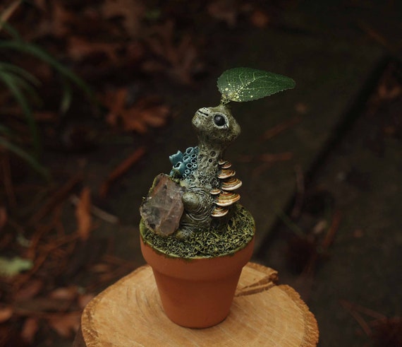 Potted Mandrake, Polymer Clay, Fire Quartz, Fantasy Creature, Sculpture, Nature Spirit, Green, Blue, Brown, Mushrooms, Leaf, Figurine