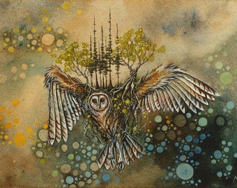 Art Print, 6 by 8 inches, Owl, Fantasy Art, Surreal, Trees, Nature Art, Animal, Bird, Watercolor, Pen and Ink