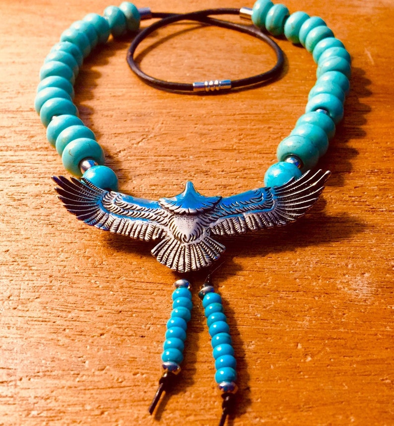 On 3mm Wide Leather Cord Necklace 23 Inch Long+s Steel Tubes Between+By Cherokee Designer+Free Ship* SILVER EAGLE TURQUOISE 14mm Big Gems