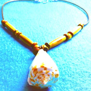 Take 10% Off @Checkout! Natural Sea Shell From Ocean +On Leather Cord Necklace 4x I”Long Bone Tubes+Burnt Bone Beads+Venetian Beads+HandMade
