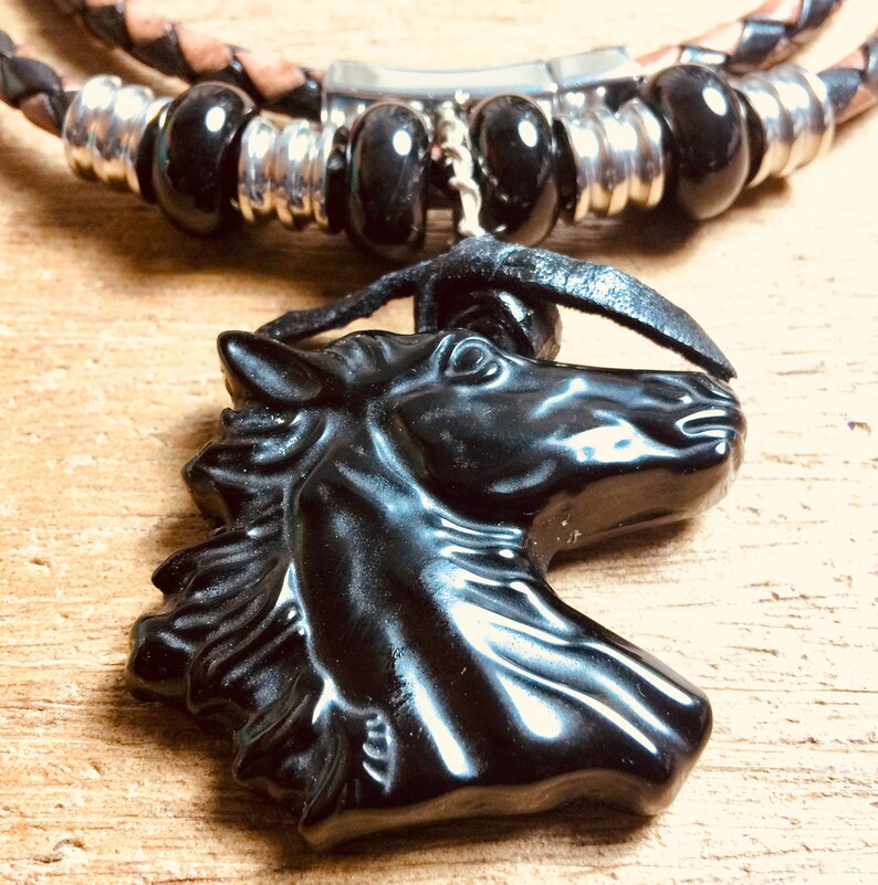 Sale HORSE ONYX+ARTISAN Carved+Black Beauty Stallion+2-Toned Leather Necklace+4 x 14mm Big Onyx Gems+4 Steel Tubes+Cherokee Designer