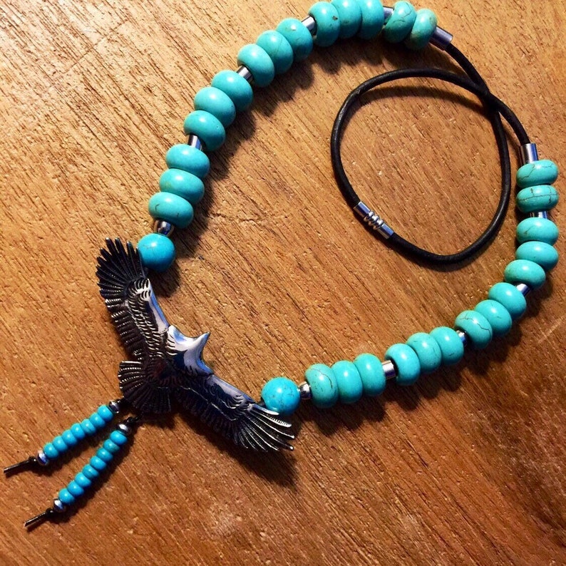 On 3mm Wide Leather Cord Necklace 23 Inch Long+s Steel Tubes Between+By Cherokee Designer+Free Ship* SILVER EAGLE TURQUOISE 14mm Big Gems