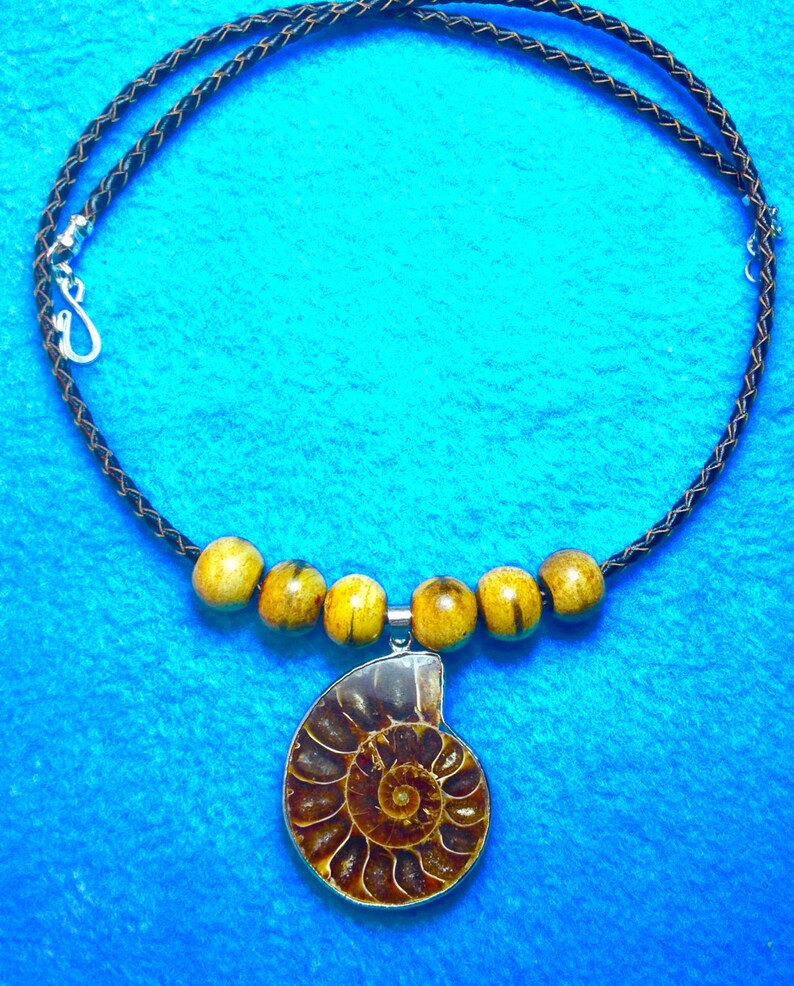 Gold Horn Tubes By Mother Nature Millions Of Years Ago AMMONITE FOSSIL Slice Woven Leather Necklace+By Cherokee Tribal Member+Free Ship*