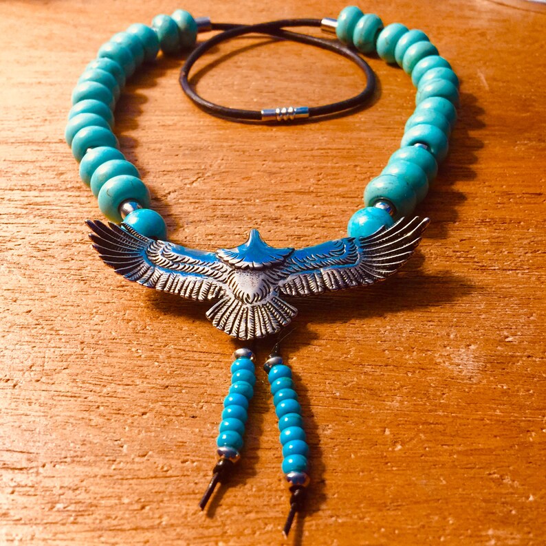 On 3mm Wide Leather Cord Necklace 23 Inch Long+s Steel Tubes Between+By Cherokee Designer+Free Ship* SILVER EAGLE TURQUOISE 14mm Big Gems