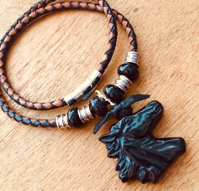 Sale HORSE ONYX+ARTISAN Carved+Black Beauty Stallion+2-Toned Leather Necklace+4 x 14mm Big Onyx Gems+4 Steel Tubes+Cherokee Designer