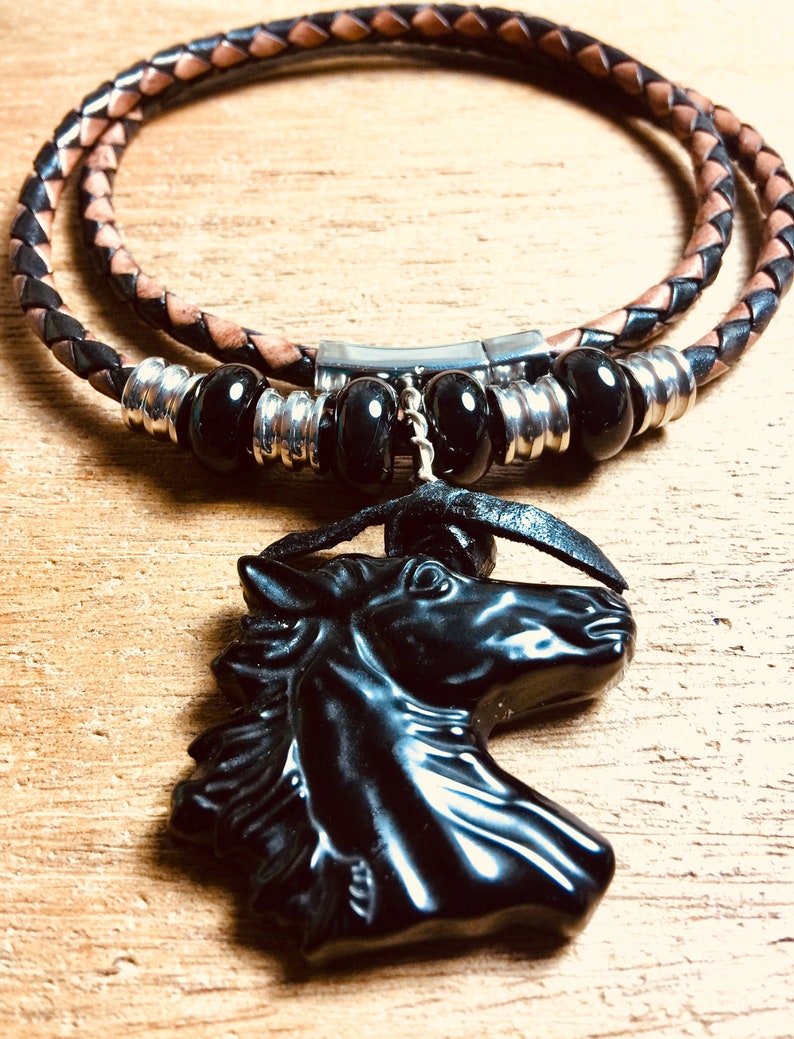 Sale HORSE ONYX+ARTISAN Carved+Black Beauty Stallion+2-Toned Leather Necklace+4 x 14mm Big Onyx Gems+4 Steel Tubes+Cherokee Designer