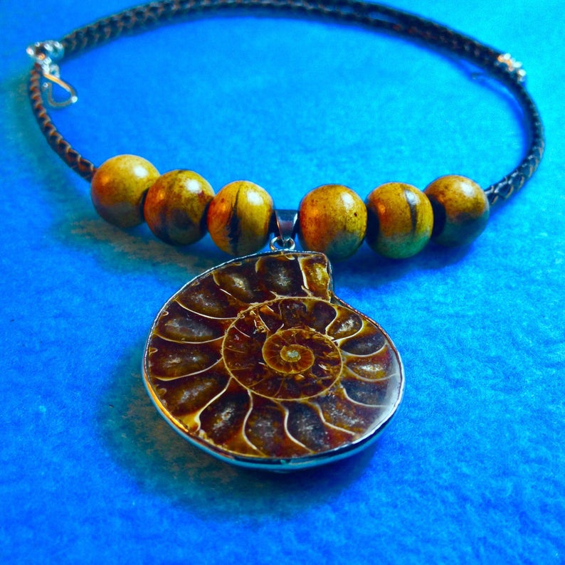 Gold Horn Tubes By Mother Nature Millions Of Years Ago AMMONITE FOSSIL Slice Woven Leather Necklace+By Cherokee Tribal Member+Free Ship*