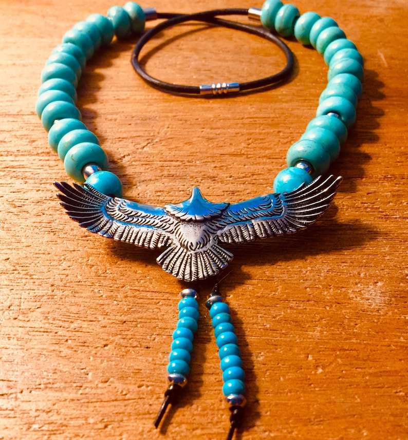 On 3mm Wide Leather Cord Necklace 23 Inch Long+s Steel Tubes Between+By Cherokee Designer+Free Ship* SILVER EAGLE TURQUOISE 14mm Big Gems