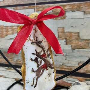Handmade Decoupage Oyster Shell Art | Coastal Christmas Ornament | Unique Beach Wedding Favor | Nautical Home Accent | Reindeer Design