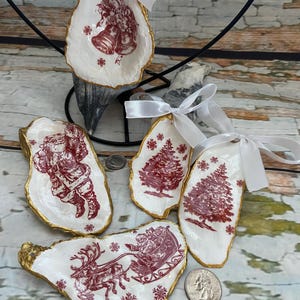 Handmade Decoupage Oyster Shell Art | Coastal Christmas Ornament | Unique Beach Wedding Favor | Nautical Home Accent | Ole Christmas Design