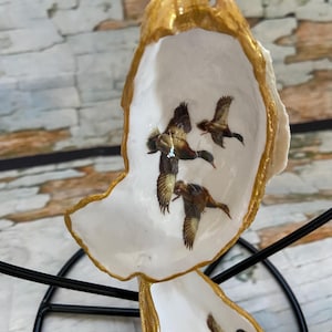 Handmade Decoupage Oyster Shell Art | Coastal Christmas Ornament | Unique Beach Wedding Favor | Nautical Home Accent | Mallards Design