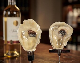 Decoupaged Oyster Shell Wine Cork & Corkscrew Set - Coastal Barware and Unique Gift